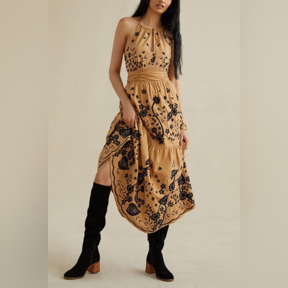 Maeve by Anthropologie Tie Back Maxi Dress in Honey Size 2